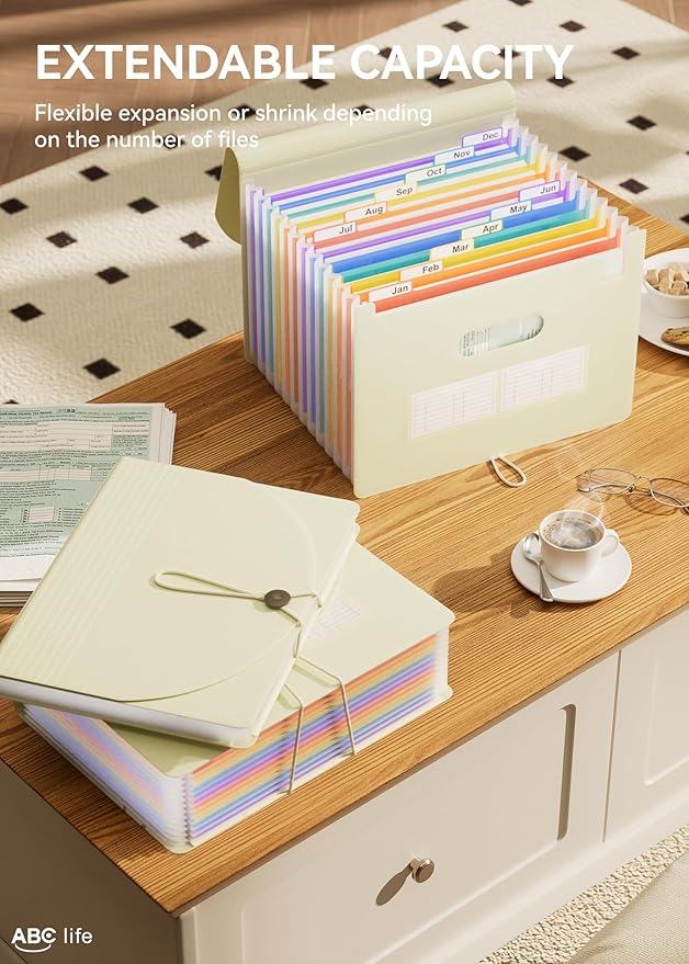 ABC life 12-Pocket Expandable Accordion File Organizer for Monthly Bills & Receipts - Portable A4/Letter Size Document Holder with Colored Tabs - Ideal for Home, Office & Travel Folder- Beige Color