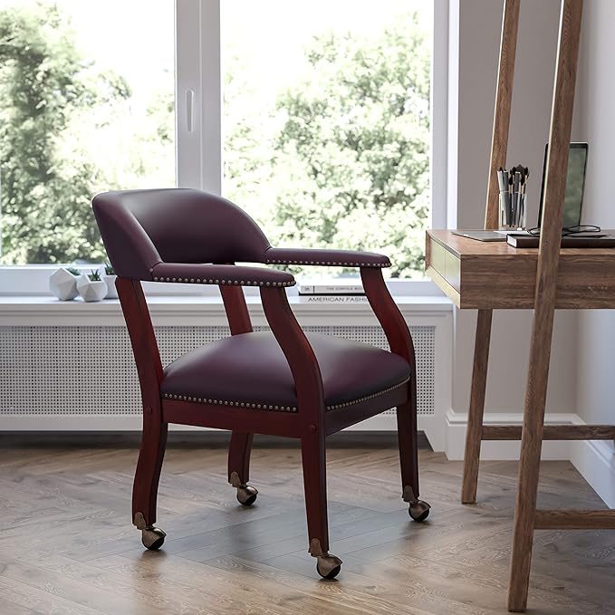 EMMA + OLIVER Burgundy LeatherSoft Conference Chair with Casters
