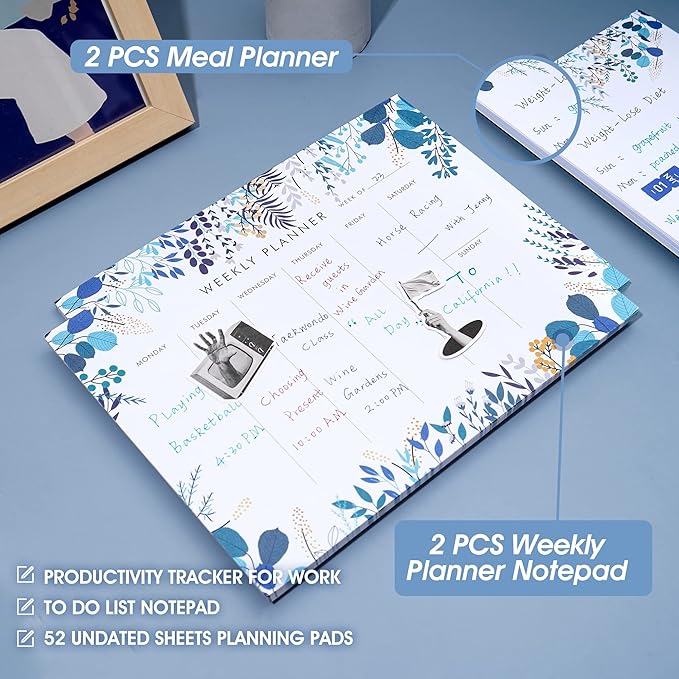 2 Pack Weekly Planner Notepad Tear Off Set of 2 Weekly Calendar Pad 52 Undated To Do List Notepad Desk Planning Pads Productivity Tracker for Work School Home Goals Notes Schedule Ideas, Blue