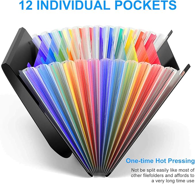 2 Pack Expanding File Folder with Blank Label, 12 Pocket Accordian File Organizer Document Storage Organizer, Desktop Accordion Folders File Keeper A4 Letter Size for Home School Office