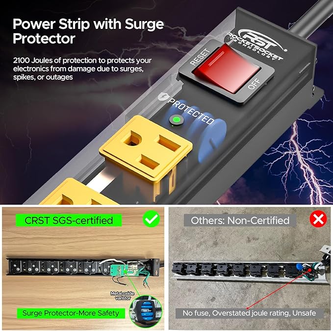 CRST 2Pack 6 Outlet Surge Protector Power Strip 2100J with Switch, 15A/1875W Heavy Duty Mountable Power Strip, Wide Spaced Power Bar for Garage Worshop Home School, 6 FT Cord（ Black+Yellow）