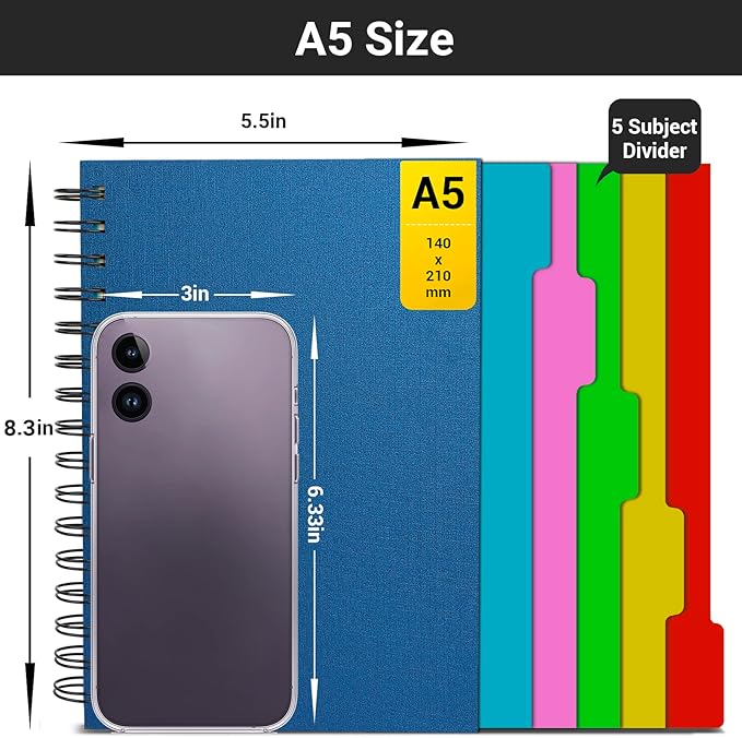 EUSOAR Spiral Notebook College Ruled, 3pcs A5 5.5"x8.3" 5 Subject Writing Pad, Thick Hardcover, 100GSM 120Sheets/ 240Pages of Lined Paper, for School, Home Supplies, Office and Business, Royal Blue