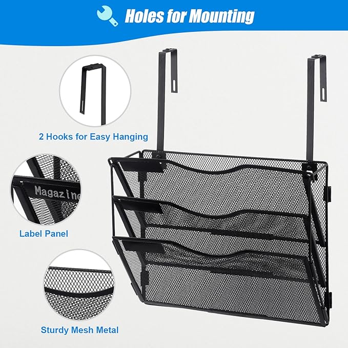 EASEPRES 3 Pocket Mesh Hanging Wall File Organizer with Hangers & Nametag Label, Wall Mounted Mail Paper Document Folder Holder, Clipboard Storage Organization Magazine Rack for Office Cubicle, Black