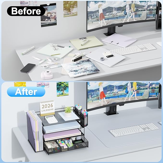 gianotter Desk Organizers and Accessories with File Holder, 4-Tier Desk Accessories & Workspace Organizers with Drawer and 2 Pen Holder, Paper Organizer for Office Supplies (Black)