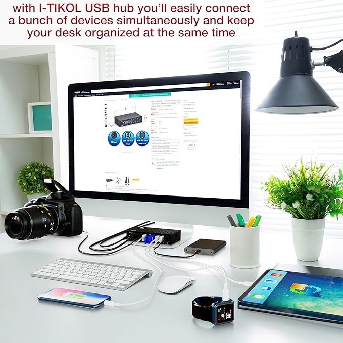 7 Port USB 3.0 Hub - Powered USB Hub –Multiple USB Splitter with Built-in 12V/3A/36W Power Adapter - Up to 5Gbps Sync & High-Speed Data Transfer - Mounting Brackets for Phone MB Laptop Tablet PC