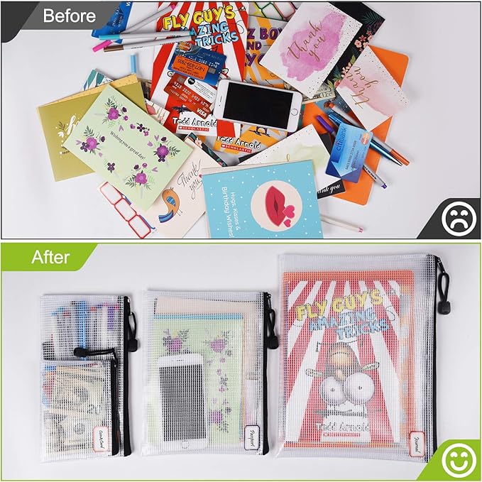 12 Pcs Plastic Mesh Zip File Bags, Waterproof Tear-Resistant Document File Folders, MultiSize Zipper Documents Pouch Organizer Bags for School Office Home Travel Storage(6 Sizes)