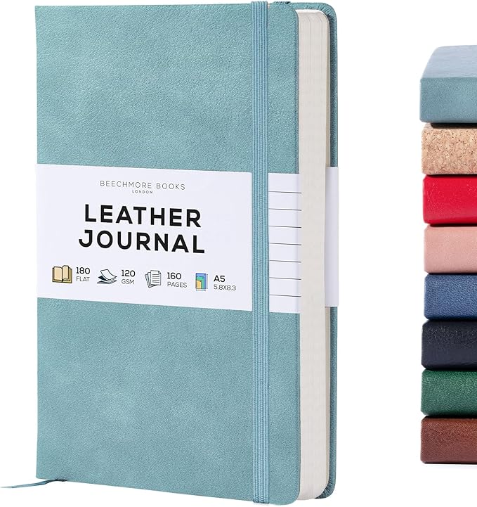 BEECHMORE BOOKS Lined Journal Notebook, 5.8 x 8.3 inch, A5 160 Lined Pages, Hardcover Leather Journals for Women, Men, Writing and Notebooks for Work - 120 GSM Thick Paper, Gifts Box Included