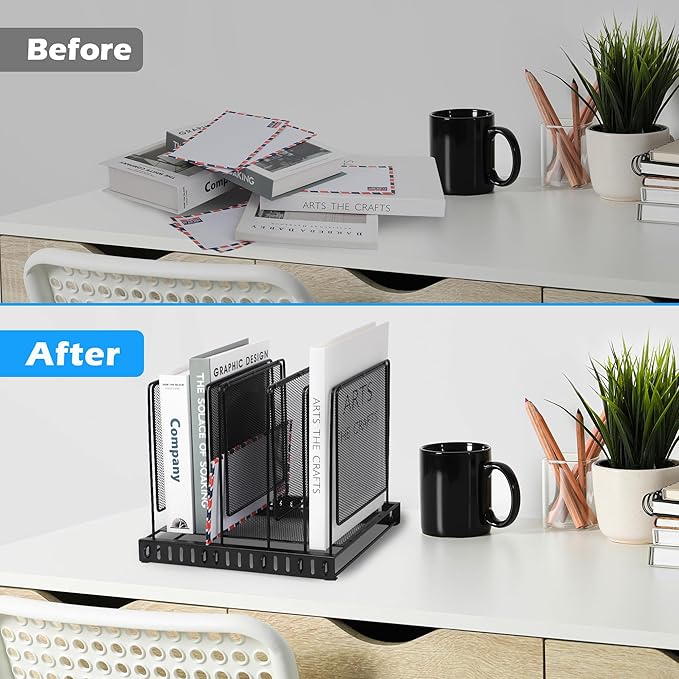 EASEPRES 5 Section Vertical Metal Mesh Desk File Organizer, Spacing Adjustable Upright Desktop Paper Mail Document Magazine Sorter Folder Holder for Workspace Office School Home, Black