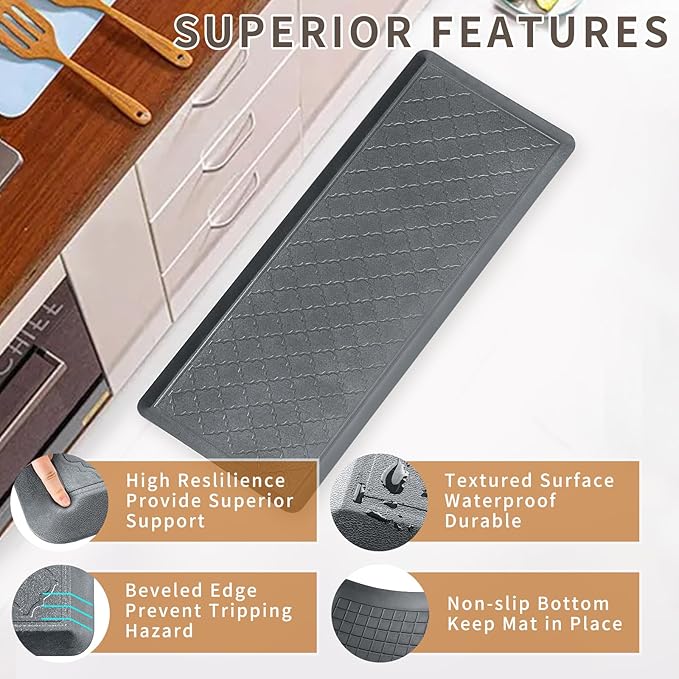 24 x 60 Inch Extra Support Anti Fatigue Comfort Kitchen Mat, Waterproof Long Kitchen Runner, Non-Slip Standing Desk Mat, Commercial Pads for Offices, Home, Garages (Barcelona Grey, 24'' x 60'')