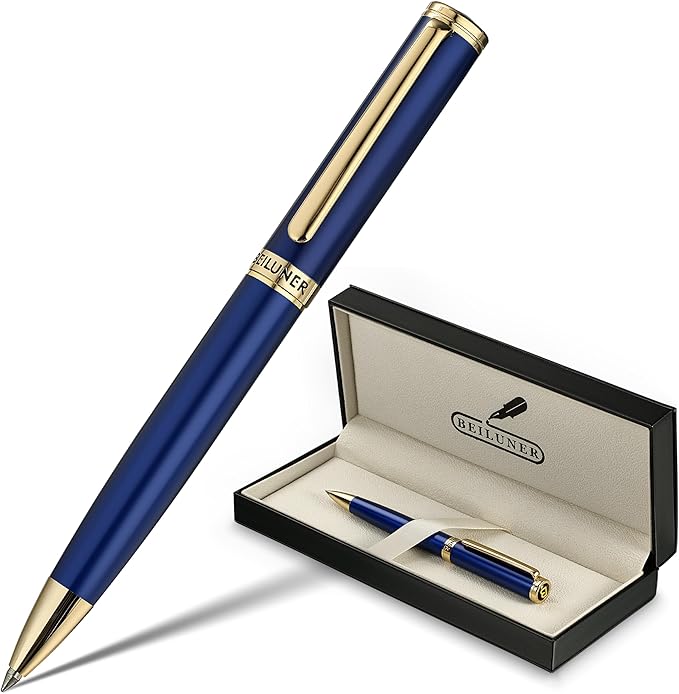 BEILUNER Blue Lacquer Gel Pen - Stunning Luxury Pen with 24K Gold Finish, ADMOK Black Refill, Executive Gift Set for Family & Friends, Writing, Fancy, Office, Retractable Pens