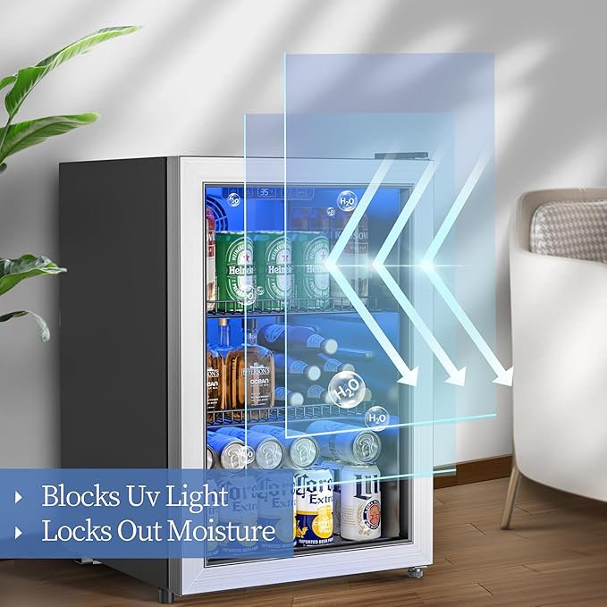Beverage Refrigerator and Cooler, Freestanding Drink Dispenser for Soda Beer or Wine,90 Can Mini Fridge with Glass Door,Digital Temperature Control,Home, Bar, Office (Silver, 2.48 Cu.Ft)