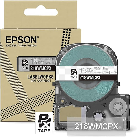 Epson LABELWORKS 218WMCPX Genuine PET (Polyester) Tape Cartridge - White on Matte Clear Designer Craft Label Maker Tape - 3/4" (18MM) Wide, 26'