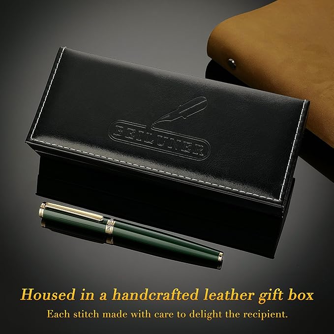 BEILUNER British Racing Green Fountain Pen,Stunning Luxury Pens with 24K Gold Accents, Gorgeous 24K Gilded Nib(Medium), Ink Converter, Pen Gift for Men&Women-Elegant, Reliable,Fancy for Writing