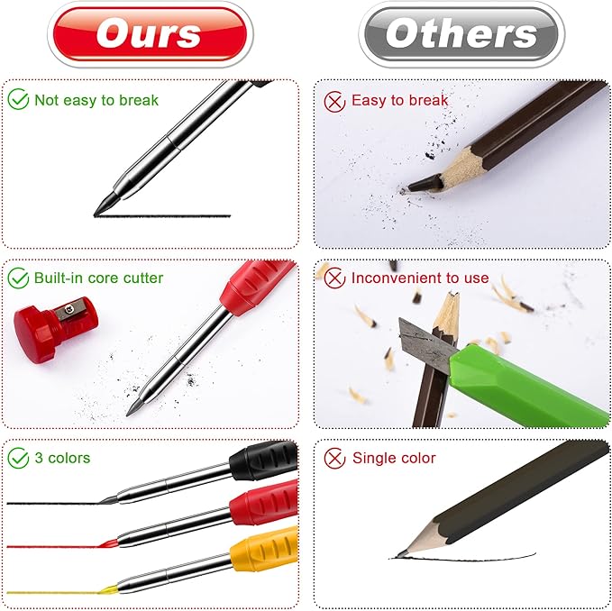 6 Pack Carpenter Pencil with Sharpener, Mechanical Carpenter Pencils with 36 Refills, Heavy Duty Construction Pencil Woodworking Tools for Architect Marking