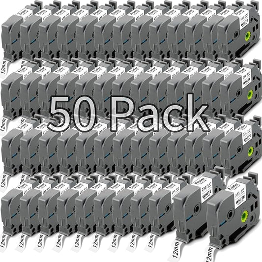 50x Replace for Brother 12mm 0.47 Laminated White TZ Tape, P Touch Label Tape Compatible with Brother Label Maker PTouch PTH210 PTD220 PTH110 PT-1280 PT-1880, Black on White, 1/2 Inch x 26.2 Feet