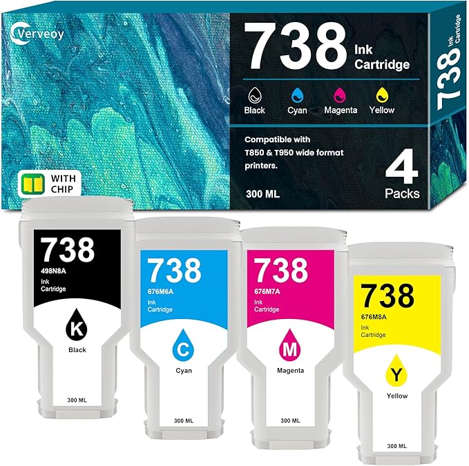 738 738XL Ink Cartridges 4-Pack with Chip Replacement for HP 738 498N8A 676M6A 676M7A 676M8A DesignJet Ink Cartridge - 300ML for DesignJet T850 T950 Wide Format Printer Plotters (4-Pack, BK/C/M/Y)