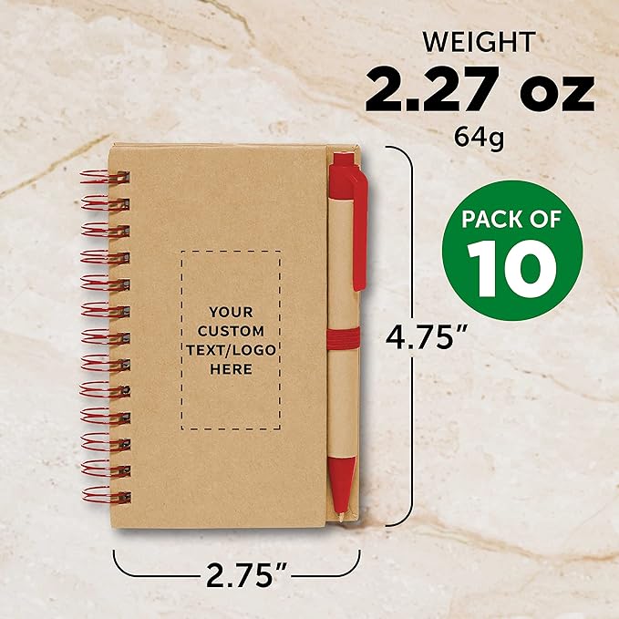 Custom Mini Spiral Notebooks with Black Ink Pens Set of 10, Personalized Bulk Pack - Perfect for School, Office, Business, Home - Red