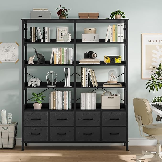 Bookshelf with 8 Fabric Drawers, 7-Tier Bookcase with Baffles Display Shelves, Industrial Large Book Shelf for Living Room Home Office, Black
