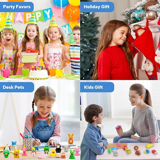 Animal Erasers for Kids, 65 Pcs Pencil Erasers Bulk Mini Animal Erasers Treasure Box Toys for Classroom Prizes School Supplies Party Favors