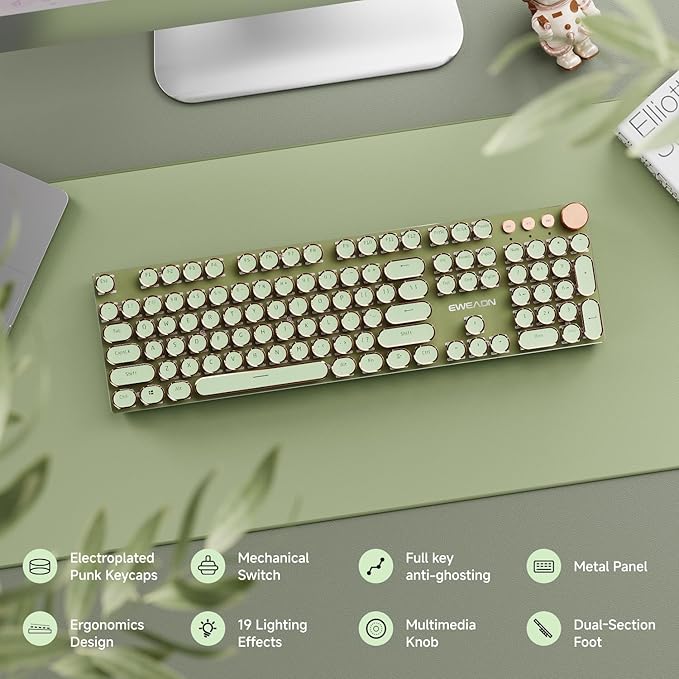 EWEADN Typewriter Style Mechanical Gaming Keyboard, Wired Mechanical Keyboards,104 Keys Backlit LED Keyboards, Media Control Knob, Wired Computer Keyboard Pink Switch for Windows/Mac/PC-Green