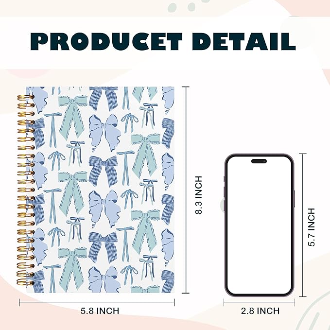 BearCake Bow Notebook Journal,Trendy Coquette Blue Bow Notebook for Women Notebook Note Taking,Hardcover Spiral Notebook 5.5x8.3