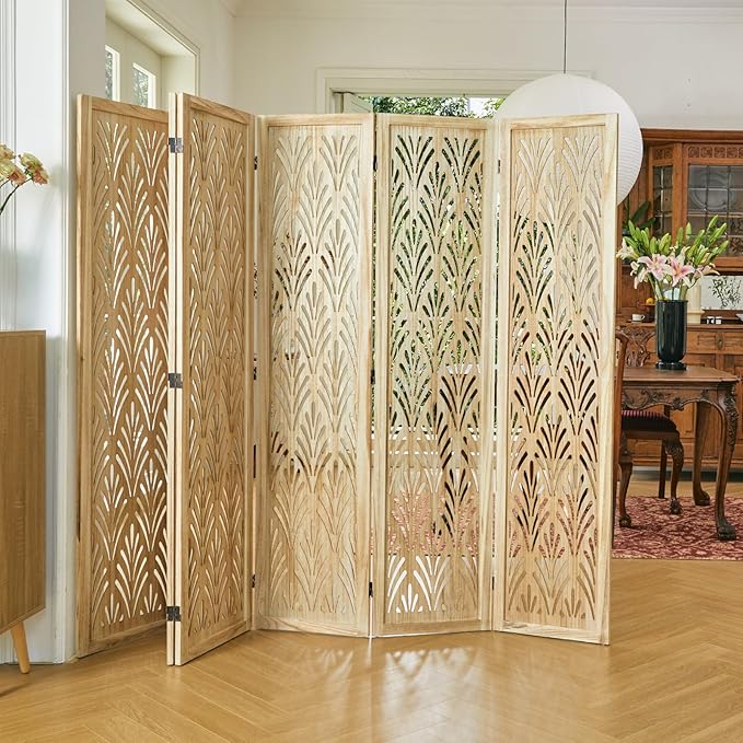 5.6Ft Room Divider Folding Wood Simple Carved Partition Screen for Home Office Garden - 6 Panels (Natural)