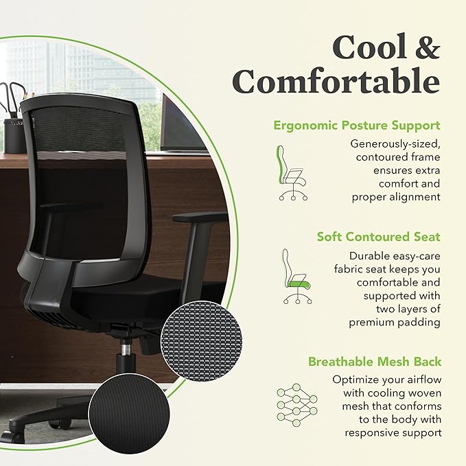 HON Torch Ergonomic Mid-Back Office Chair, Comfortable Fabric Seat Home Office Task Chair, Tilt-Tension Recline Control, 360 Rolling Swivel, Sculpted Fixed Arms