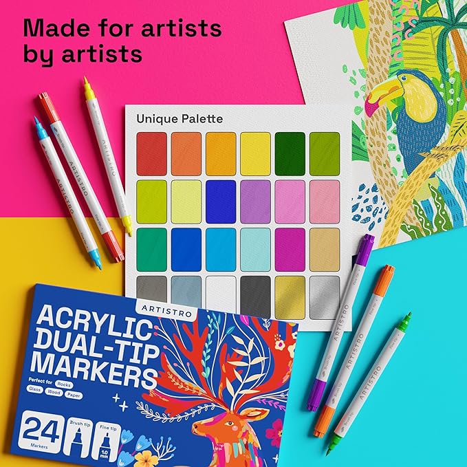 ARTISTRO 36 Dual Tip Fabric Markers - Acrylic Drawing Markers for All Ages & Levels - Fabric Paint Pens for Personalizing Clothes, T Shirts, Bags, Canvas, Textiles (Brush + Fine)