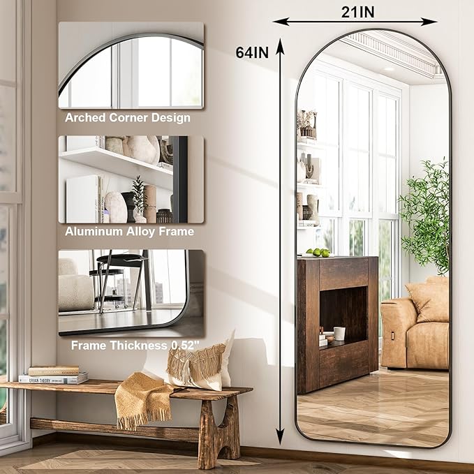 HARRITPURE Arched Full Length Mirror - 64" x 21" Large Floor Mirror Aluminum Frame Dressing Mirror with Stand for Bedroom/Living Room Wall Mounted, Black