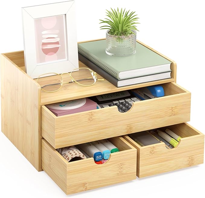Desk Organizer With Drawers - Bamboo Wood Desktop Mail Organizer Storage Box for Office Home Bathroom Vanity Dresser Top, No Assembly Required (3 Drawers)