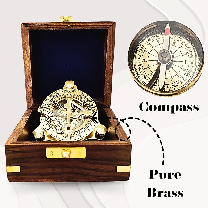 Antique Brass & Copper Sundial Compass, Sundial Clock in Box Gift Sun Clock Ship Replica Watch, Nautical Gifts for Men, Unique Nautical Decor, Naval Maritime Sundial (#4 Golden Sundial)