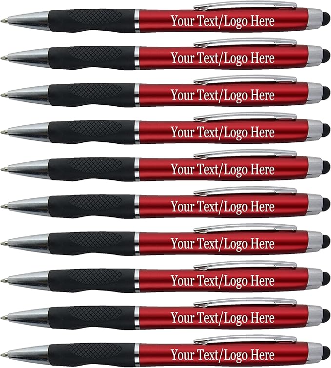 Customized Pens With your Custom Logo or Text-300 Pack Bulk-for Businesses, Parties, and Events, 2 in 1 Ballpoint Pen + Capacitive Stylus Compatible with Touchscreen Devices, Red Barrel, Blue Ink