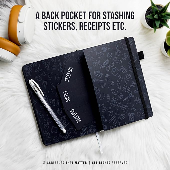 Black Paper Bullet Dotted Journal Notebook | A5 Starry Night by Scribbles That Matter | Free white gel pen | 160gsm Blackout no-bleed dot grid paper | For Men and Women | 5.75 x 8.5 in | Black