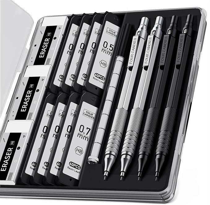 Four Candies 4PCS Metal Mechanical Pencils Set with Case, 0.5mm & 0.7 mm Artist Pencil with 8 Tubes (480PCS) HB Lead Refills, 3 Erasers,9 Eraser Refills For Writing Drafting, Drawing, Black&Silver