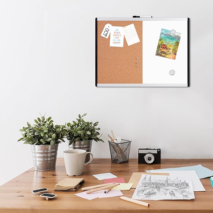 Amazon Basics Combo Magnetic Whiteboard&Cork Board for Home,Office and Classroom, Plastic/Aluminum Frame, White,Yellow, 17" x 23"