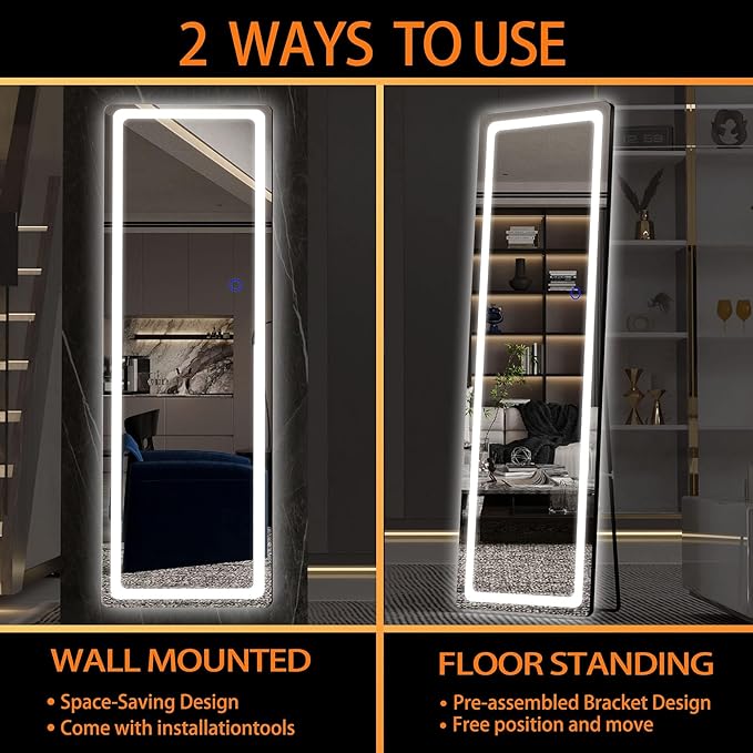 Hasipu Full Length Mirror with Lights, 56" x 16" LED Floor & Wall Mounted, Full Body Dressing Mirror for Bedroom, Living Room, Cloakroom – Round Black