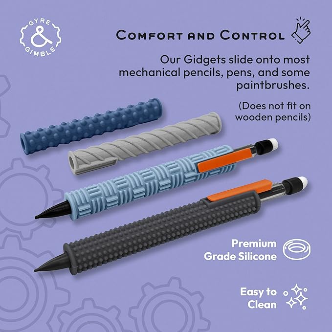 Gyre & Gimble Pencil Gidgets – Textured Silicone Pencil Sleeve for Quiet Fidgeting – Transform Your Mechanical Pencil into a Sensory ADHD Tool for Kids and Adults – 4 Sleeves & 2 Pencils - Gray
