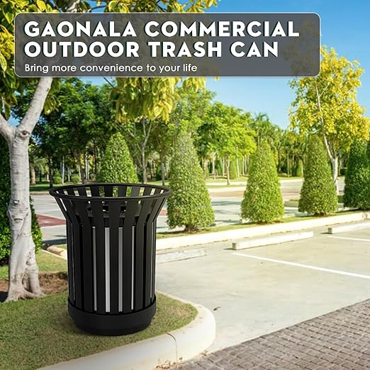 27.6IN Round Large Outdoor Trash Can, Heavy Duty Metal Slatted Garbage Can Outdoor, All Weather Resistant Commercial Garbage Cans, Waste Receptacle in Park, School, Beach, Patio Black