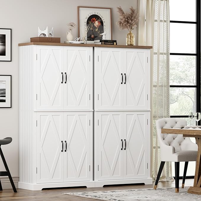 HOSTACK 64" Tall Pantry Cabinet, Modern Farmhouse Kitchen Pantry, Wood Bathroom Storage Cabinet, Large Bookcase, 4 Doors|Adjustable Shelves, for Dining Room, Living Room, Home Office, White