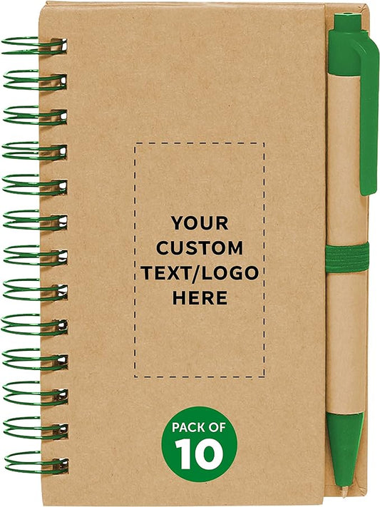 Custom Mini Spiral Notebooks with Black Ink Pens Set of 10, Personalized Bulk Pack - Perfect for School, Office, Business, Home - Green