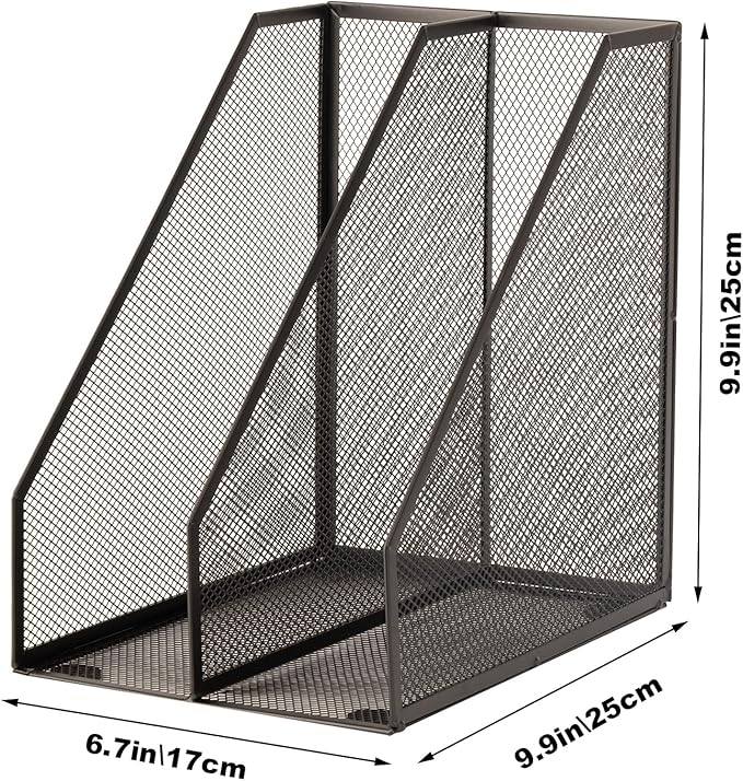 2 Set Magazine Holder Metal Wire, 2 Compartments Mesh File Holder for Desk, Office Desk Accessories Decorative File Box, Black