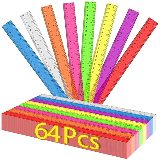 64 Pack Plastic Ruler 12 Inch in Bulk, Plastic Rulers in Assorted Colors, Clear Ruler with Inches and Centimeters, Transparent Rulers Bulk for Kids Back to School, Classroom, Office, Home Supplies