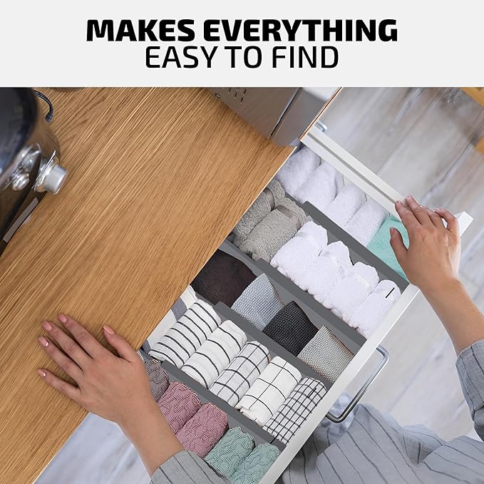 4 Pack Drawer Dividers Bamboo 2.6" High, 16-22" Adjustable Drawer Organizers for Clothes, Expandable Dresser Separators in Bedroom/Bathroom/Kitchen/Office Organization and Storage (Grey)