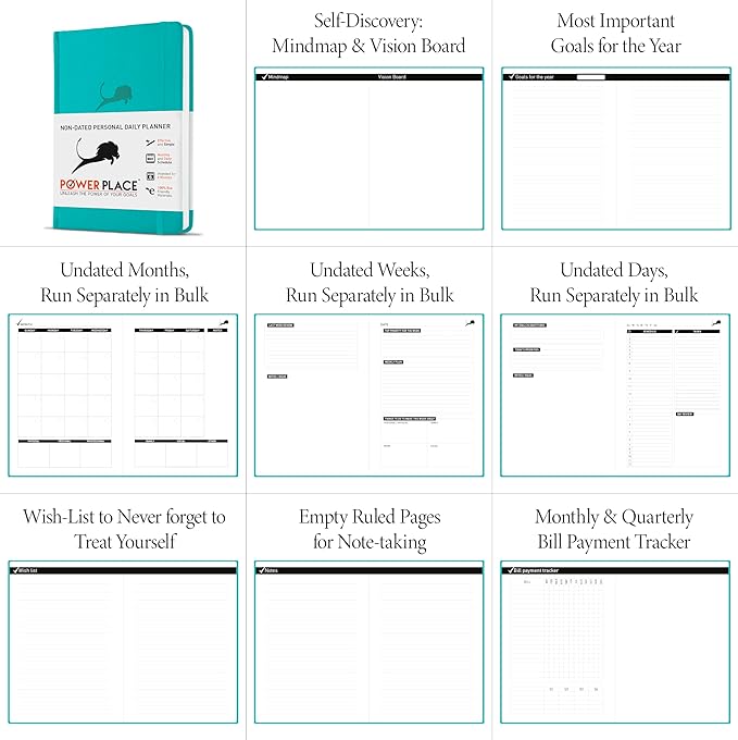 Daily Planner, Calendar and Gratitude Journal to Improve Time-Management, Productivity & Happiness | Vegan Leather Hardcover Organizer with Blank Dates, Undated 6 Months 24 Hour Agenda