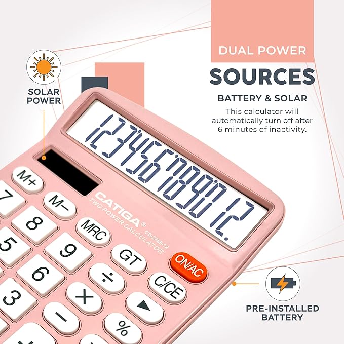 CATIGA Desktop Calculator (2 Pack) 12 Digit with Large LCD Display and Sensitive Button, Solar and Battery Dual Power, Standard Function for Office, Home, School, CD-2786 (Light Blue/Light Pink)