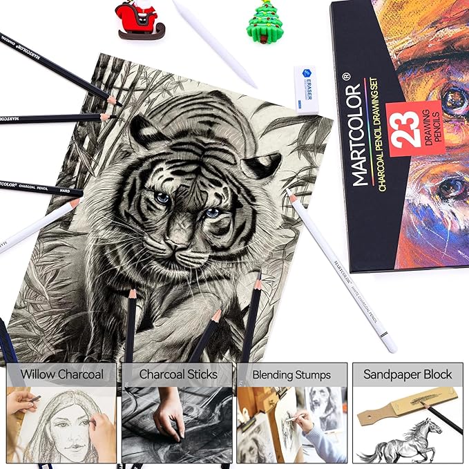 Charcoal Drawing Set, Set of 23, Graphite Pencils, Black & White Charcoal Pencils for Drawing, Sketching, Shading, Blending, Artist Pencils for Beginners & Pro Artists ﻿