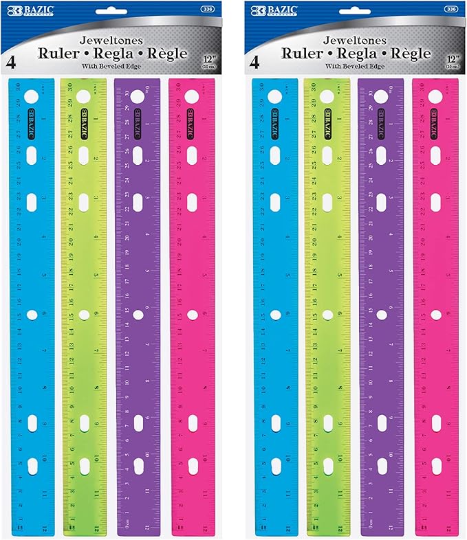 BAZIC Jeweltones Color Plastic Ruler 12" (30cm), Inches Centimeter Metric Measuring Drafting Rulers, for Students School Supplies (4/Pack), 2-Packs