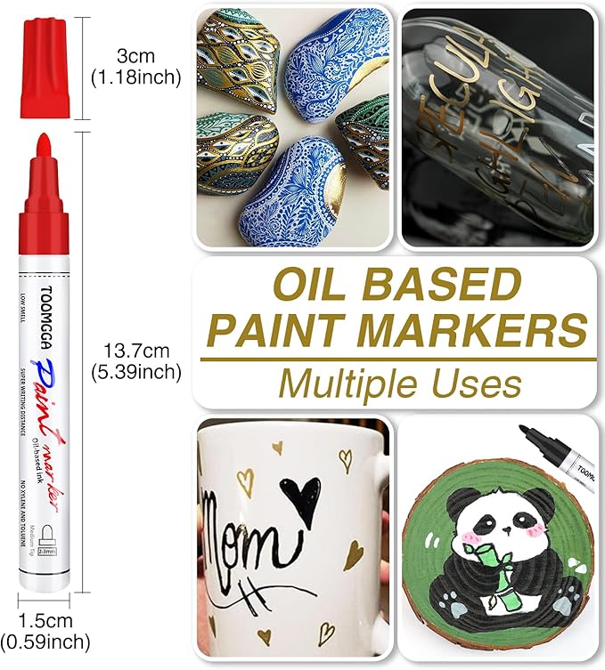 Black Paint Pens Permanent Paint Markers - 6 Pack Oil Based Marking Pens, Medium Point, Quick Drying and Waterproof Pens for Rock Painting Car Tyre Metal, Plastic, Canvas, Wood