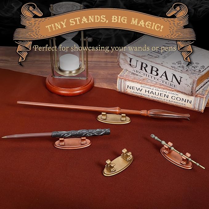 4PCS Resin Pen Holders Wizard Magic Wand Display Stands Mini Holders for Pencil Desk Decor Collection, 2.8'' L×1.1'' W× 0.9'' H, Gold & Rosegold