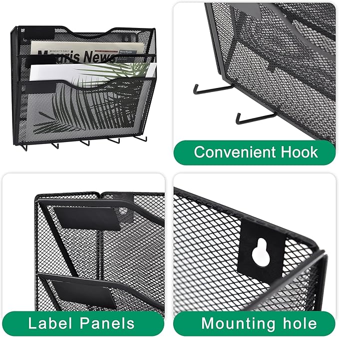 EASEPRES 3 Pocket Mesh Hanging File Organizer with Key Holder Hooks & Nametag Label, Wall Mounted Mail Paper Document Folder Clipboard Storage Organization Magazine Rack for Office Cubicle, Black